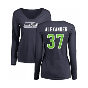 Football Women's Seattle Seahawks #37 Shaun Alexander Navy Blue Name & Number Logo Long Sleeve T-Shirt