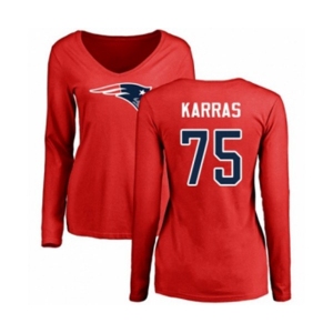 Football Women's New England Patriots #75 Ted Karras Red Name & Number Logo Slim Fit Long Sleeve T-Shirt
