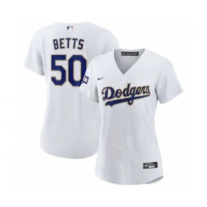 Women's Dodgers #50 Mookie Betts White Gold 2021 Gold Program Baseball Jersey