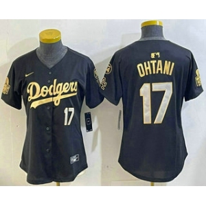 Women's Los Angeles Dodgers #17 Shohei Ohtani Black Gold 2024 World Series 34 Patch Stitched Cool Base Jerseys