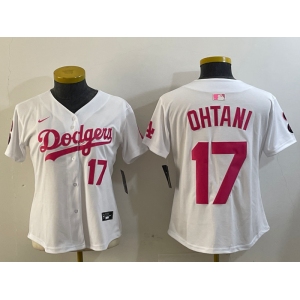 Women's Los Angeles Dodgers #17 Shohei Ohtani Number White Pink Limited Cool Base Stitched Jersey