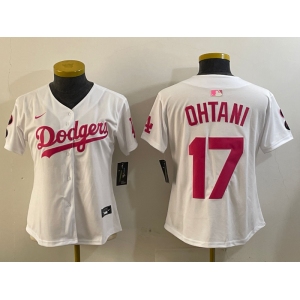 Women's Los Angeles Dodgers #17 Shohei Ohtani Number White Pink Limited Cool Base Stitched Jerseys