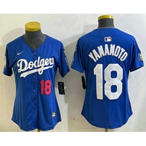 Women's Los Angeles Dodgers #18 Yoshinobu Yamamoto Number Blue 2024 World Series With Fernando 34 Fashion Limited Stitched Jersey