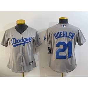 Women's Los Angeles Dodgers #21 Walker Buehler Grey Stitched Cool Base Nike Jersey