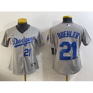 Women's Los Angeles Dodgers #21 Walker Buehler Number Grey Stitched Cool Base Nike Jerseys
