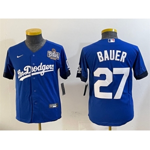 Women's Los Angeles Dodgers #27 Trevor Bauer Blue 2024 World Series City Connect Cool Base Stitched Jersey