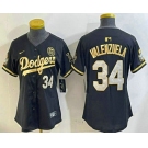 Women's Los Angeles Dodgers #34 Fernando Valenzuela Black Gold 2024 World Series 34 Patch Stitched Cool Base Jersey