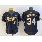 Women's Los Angeles Dodgers #34 Fernando Valenzuela Black Gold 2024 World Series With Fernando Patch Vapor Limited Stitched Baseball Jersey