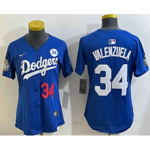 Women's Los Angeles Dodgers #34 Fernando Valenzuela Number Blue 2024 World Series With Fernando 34 Patch Limited Stitched Jersey