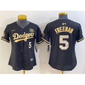 Women's Los Angeles Dodgers #5 Freddie Freeman Black Gold 2024 World Series With Fernando Patch Vapor Limited Stitched Baseball Jersey