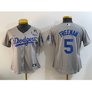 Women's Los Angeles Dodgers #5 Freddie Freeman Grey 2024 World Series Cool Base Stitched Baseball Jersey