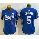 Women's Los Angeles Dodgers #5 Freddie Freeman Number Blue 2024 World Series With Fernando 34 Patch Limited Stitched Jersey