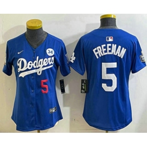 Women's Los Angeles Dodgers #5 Freddie Freeman Number Blue 2024 World Series With Fernando 34 Patch Limited Stitched Jersey