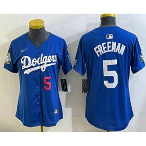 Women's Los Angeles Dodgers #5 Freddie Freeman Number Blue 2024 World Series With Fernando 34 Patch Limited Stitched Jerseys