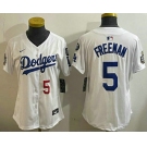 Women's Los Angeles Dodgers #5 Freddie Freeman Number White 2024 World Series With Fernando 34 Patch Limited Stitched Jersey