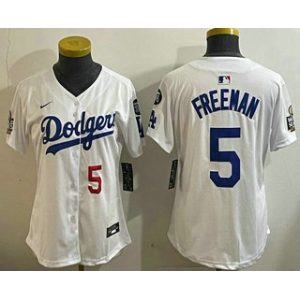 Women's Los Angeles Dodgers #5 Freddie Freeman Number White 2024 World Series With Fernando 34 Patch Limited Stitched Jersey