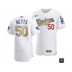 Women's Los Angeles Dodgers #50 Mookie Betts 2021 White Gold World Series Champions Patch Stitched Baseball Jersey