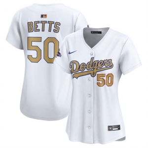 Women's Los Angeles Dodgers #50 Mookie Betts White 2025 Gold Collection Limited Stitched Baseball Jersey