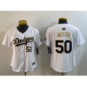 Women's Los Angeles Dodgers #50 Mookie Betts White Gold Home Limited Stitched Baseball Jersey