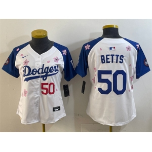 Women's Los Angeles Dodgers #50 Mookie Betts White Royal 2025 Tokyo Series Limited Stitched Baseball Jersey
