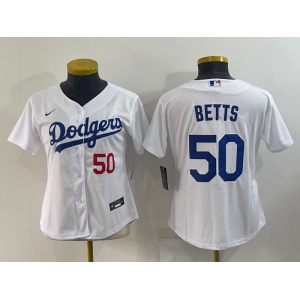 Women's Los Angeles Dodgers #50 Mookie Betts White With Red Stitched MLB Cool Base Nike Jersey