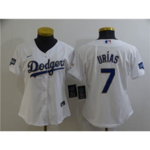 Women's Los Angeles Dodgers #7 Julio Urias White Gold Championship Cool Base Stitched Baseball Jersey