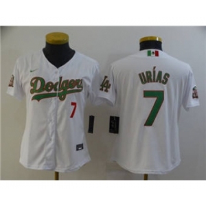 Women's Los Angeles Dodgers #7 Julio Urias White Green 2020 World Series Stitched Baseball Jersey