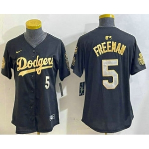 Women's Los Men's Los Angeles Dodgers #5 Freddie Freeman Black Gold 2024 World Series 34 Patch Stitched Cool Base Jersey