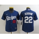 Youth Los Angeles Dodgers #22 Clayton Kershaw Navy Blue Pinstripe Stitched MLB Cool Base Nike Jersey