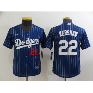 Youth Los Angeles Dodgers #22 Clayton Kershaw Navy Blue Pinstripe Stitched MLB Cool Base Nike Jersey