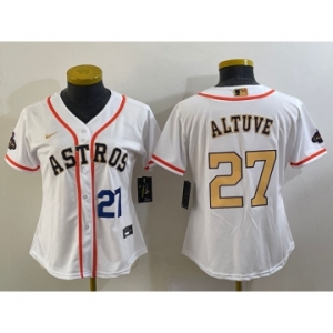 Women's Houston Astros #27 Jose Altuve Number 2023 White Gold World Serise Champions Patch Cool Base Stitched Jersey1