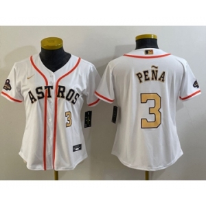 Women's Houston Astros #3 Jeremy Pena Number 2023 White Gold World Serise Champions Patch Cool Base Stitched Jersey