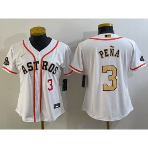 Women's Houston Astros #3 Jeremy Pena Number 2023 White Gold World Serise Champions Patch Cool Base Stitched Jerseys