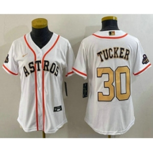 Women's Houston Astros #30 Kyle Tucker 2023 White Gold World Serise Champions Patch Cool Base Stitched Jersey
