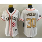 Women's Houston Astros #30 Kyle Tucker Number 2023 White Gold World Serise Champions Patch Cool Base Stitched Jersey1