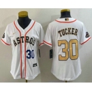 Women's Houston Astros #30 Kyle Tucker Number 2023 White Gold World Serise Champions Patch Cool Base Stitched Jersey