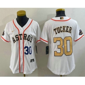 Women's Houston Astros #30 Kyle Tucker Number 2023 White Gold World Serise Champions Patch Cool Base Stitched Jersey