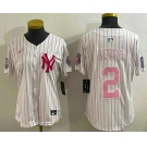 Women's New York Yankees #2 Derek Jeter White Pink Pinstripe Fashion Cool Base Jersey