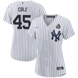 Women's New York Yankees #45 Gerrit Cole White 2024 World Series With Name Cool Base Stitched Baseball Jersey