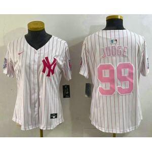 Women's New York Yankees #99 Aaron Judge White Pink Pinstripe Fashion Cool Base Jersey