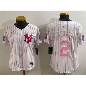 Youth New York Yankees #2 Derek Jeter White Pink Pinstripe Limited Stitched Baseball Jersey