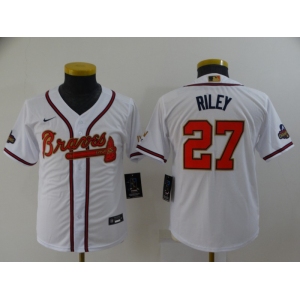 Youth Atlanta Braves #27 Austin Riley 2022 White Gold World Series Champions Program Cool Base Stitched Jersey