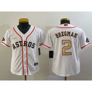 Youth Houston Astros #2 Alex Bregman 2023 White Gold World Serise Champions Patch Cool Base Stitched Jersey