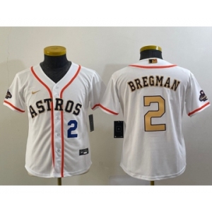 Youth Houston Astros #2 Alex Bregman Number 2023 White Gold World Serise Champions Patch Cool Base Stitched Jersey1