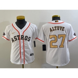 Youth Houston Astros #27 Jose Altuve 2023 White Gold World Serise Champions Patch Cool Base Stitched Jersey