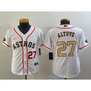 Youth Houston Astros #27 Jose Altuve Number 2023 White Gold World Serise Champions Patch Cool Base Stitched Jersey