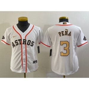 Youth Houston Astros #3 Jeremy Pena 2023 White Gold World Serise Champions Patch Cool Base Stitched Jersey