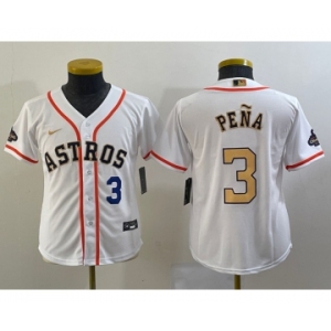 Youth Houston Astros #3 Jeremy Pena Number 2023 White Gold World Serise Champions Patch Cool Base Stitched Jersey1