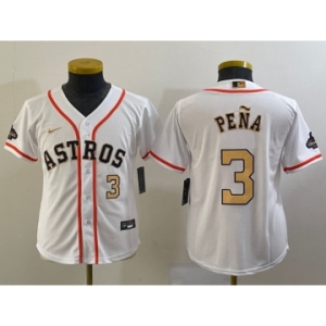 Youth Houston Astros #3 Jeremy Pena Number 2023 White Gold World Serise Champions Patch Cool Base Stitched Jersey