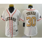 Youth Houston Astros #30 Kyle Tucker 2023 White Gold World Serise Champions Patch Cool Base Stitched Jersey